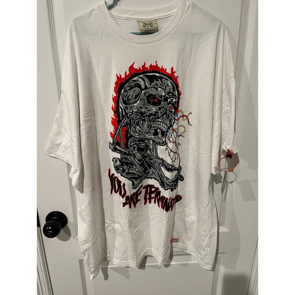 NWT Brand X Terminator Inspired Graphic T-Shirt 3X White Skull Flame Tee